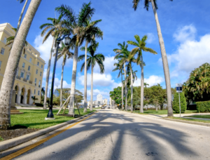 Floridian cityscape with colorful bonds and financial symbols representing 'Fianzas en Florida City, FL'.